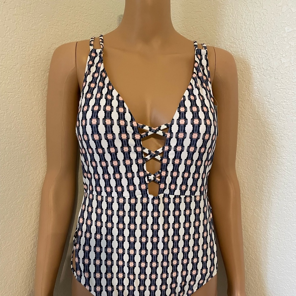 Navy and Blush Geometric Lace-Up One-Piece Swimsuit
